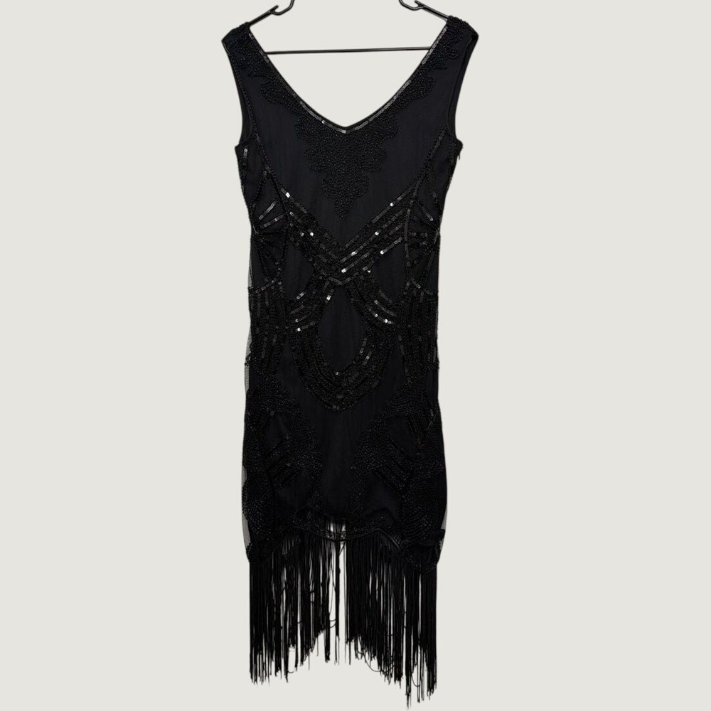 Unbranded Flapper Dress Small 1920s Gatsby Sequin Fringe Black Vintage Style